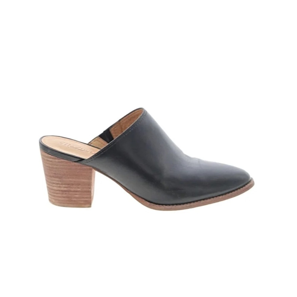 Madewell Black Leather Mules with Tan Heel